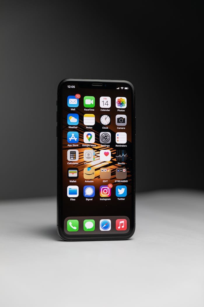 Close-up of a smartphone with an array of app icons against dark background.